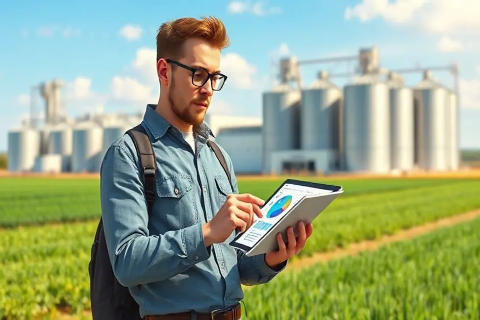 Ilustração mostrando uma figura inspirada em Tom Brady analisando um playbook digital com campos agrícolas ao fundo, simbolizando estratégia e resiliência.