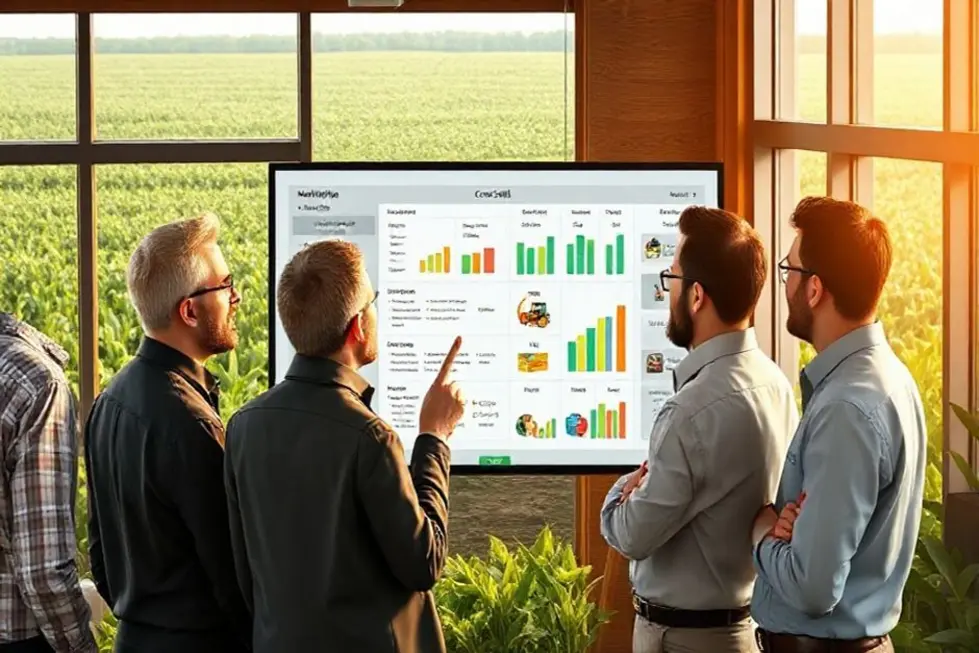 Ilustração mostrando profissionais do agro discutindo estratégias de vendas adicionais ao lado de equipamentos agrícolas.