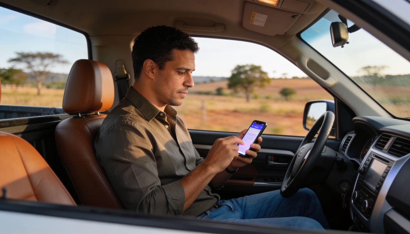 Gestor do agro dentro de uma caminhonete, olhando o celular, com a lavoura ao fundo